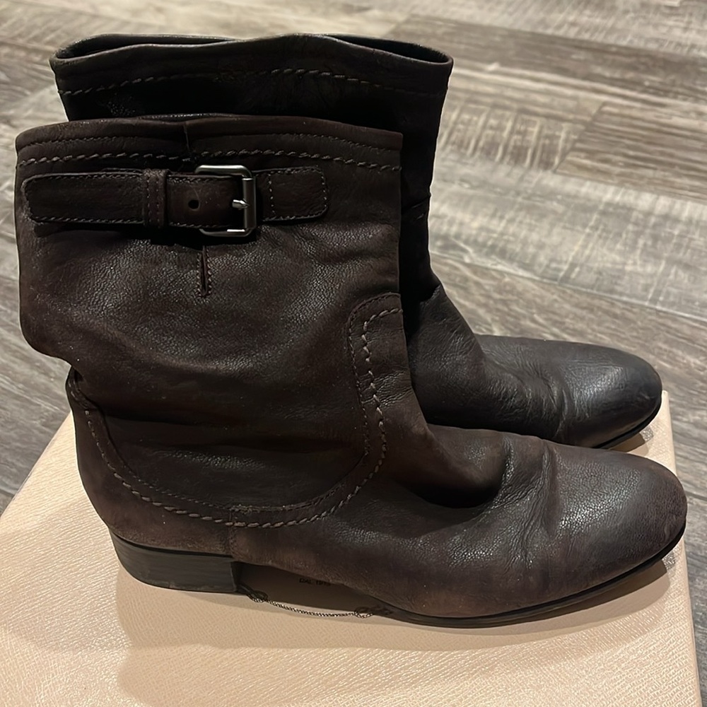 PRADA Calzature Donna Capra Antic Ebno 39 Brown Leather Above Ankle Boots - Picture 5 of 11